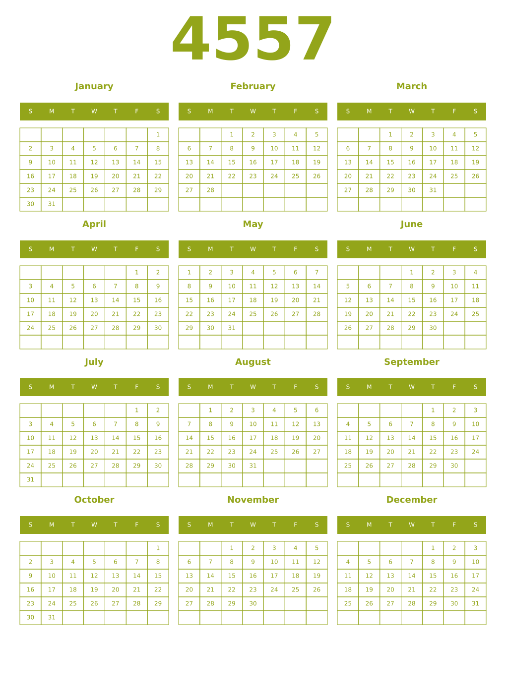 Printable 4557 Year Calendars chartreuse