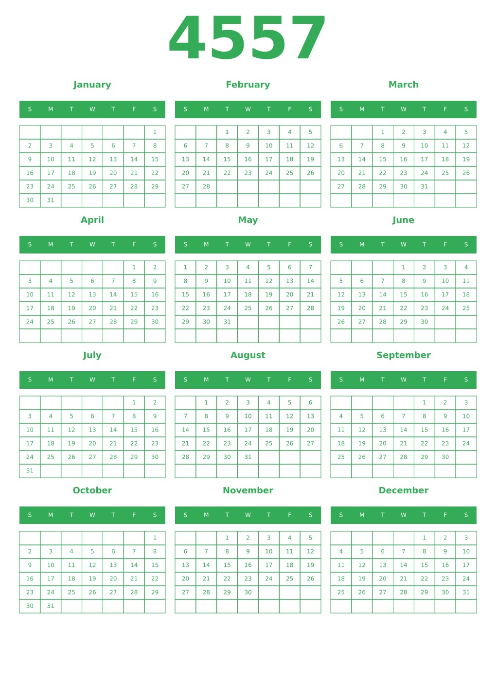 Printable 4557 Year Calendars green