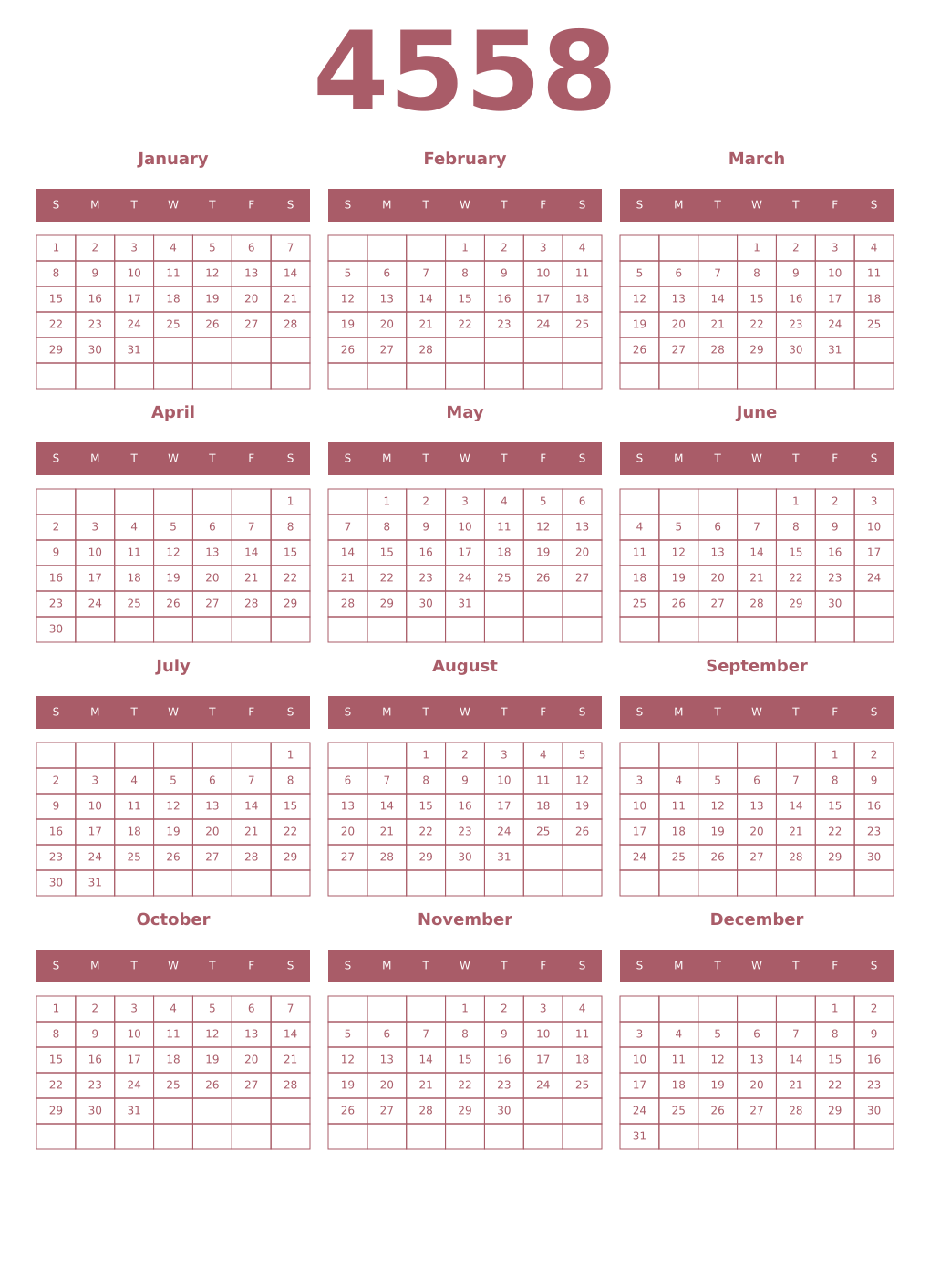 Printable 4558 Year Calendars puce