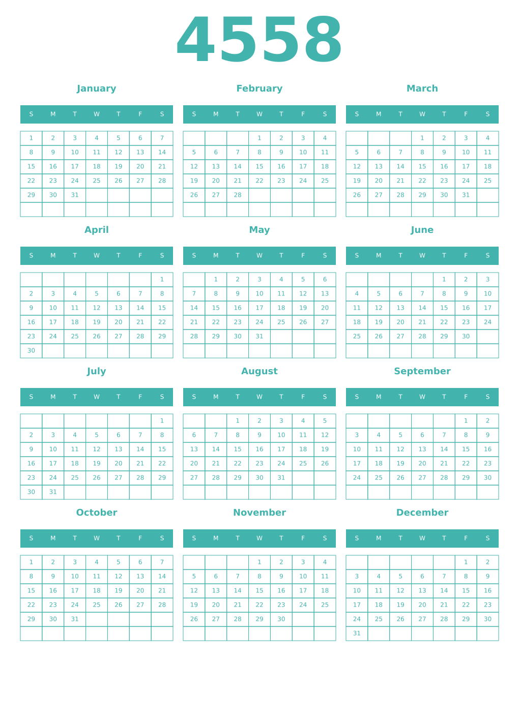 Printable 4558 Year Calendars verdigris