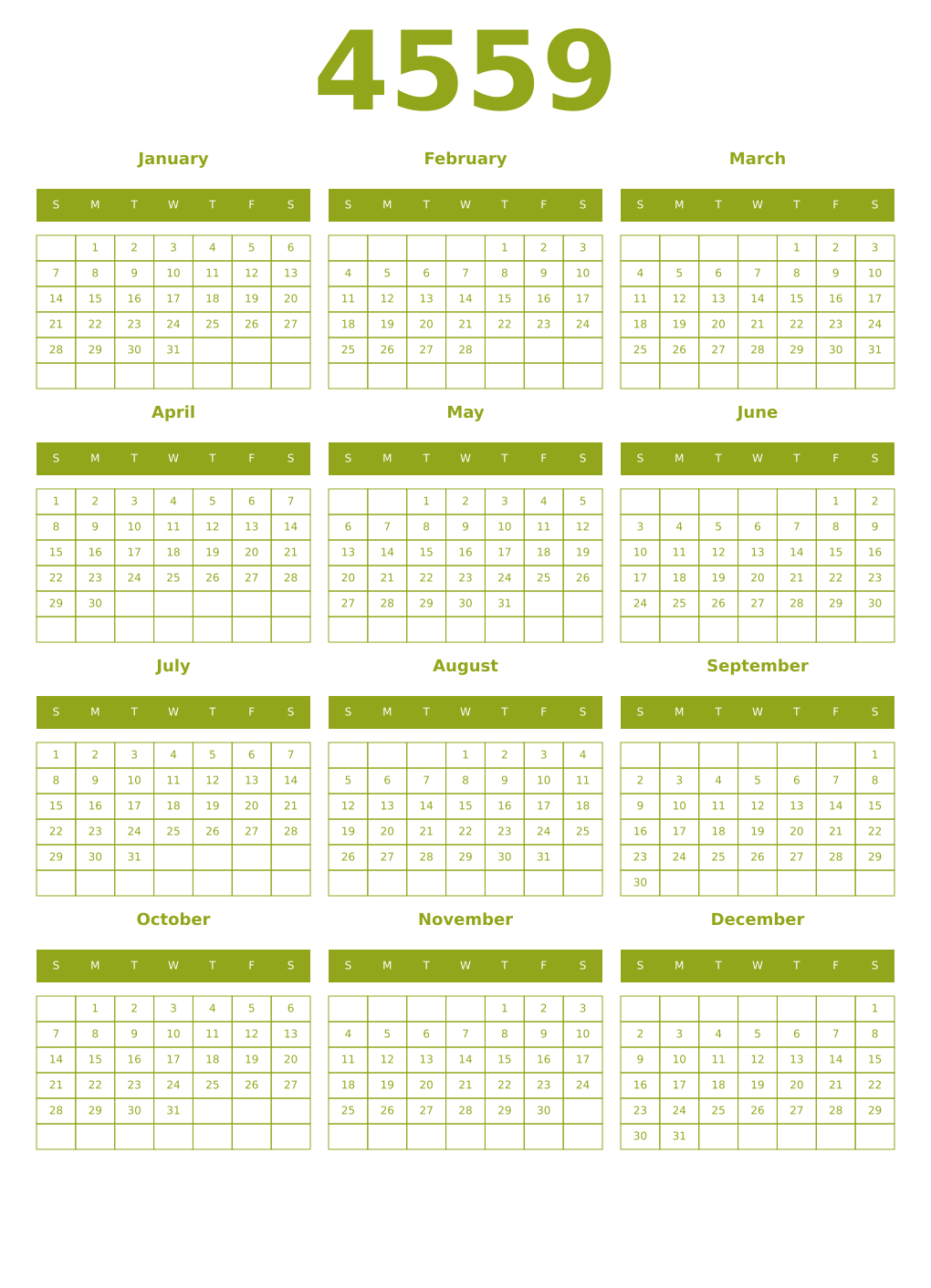 Printable 4559 Year Calendars chartreuse