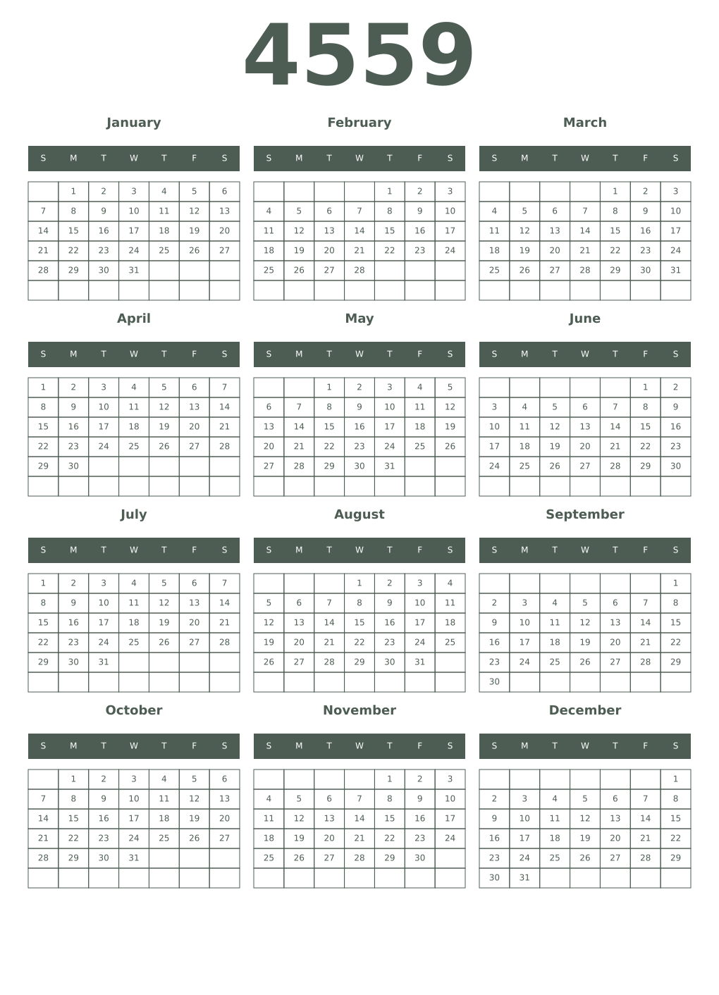 Printable 4559 Year Calendars feldgrau