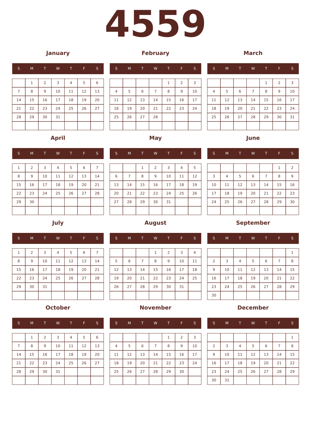 Printable 4559 Year Calendars mortuum