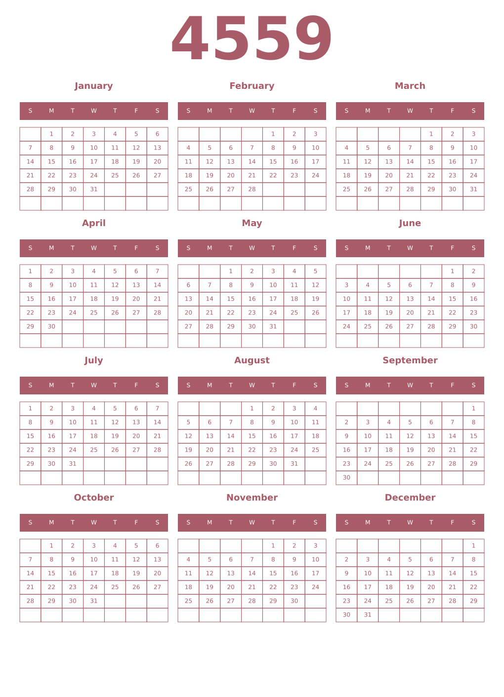 Printable 4559 Year Calendars puce