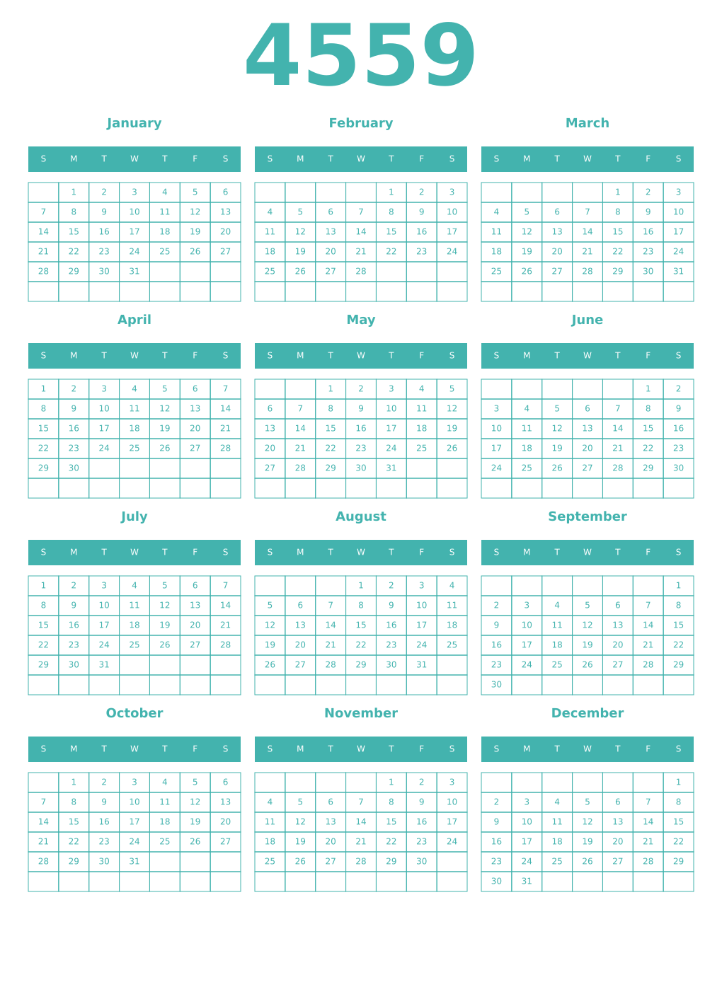 Printable 4559 Year Calendars verdigris