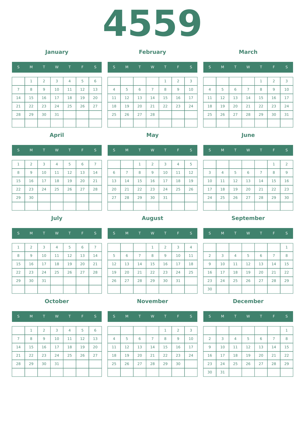 Printable 4559 Year Calendars viridian