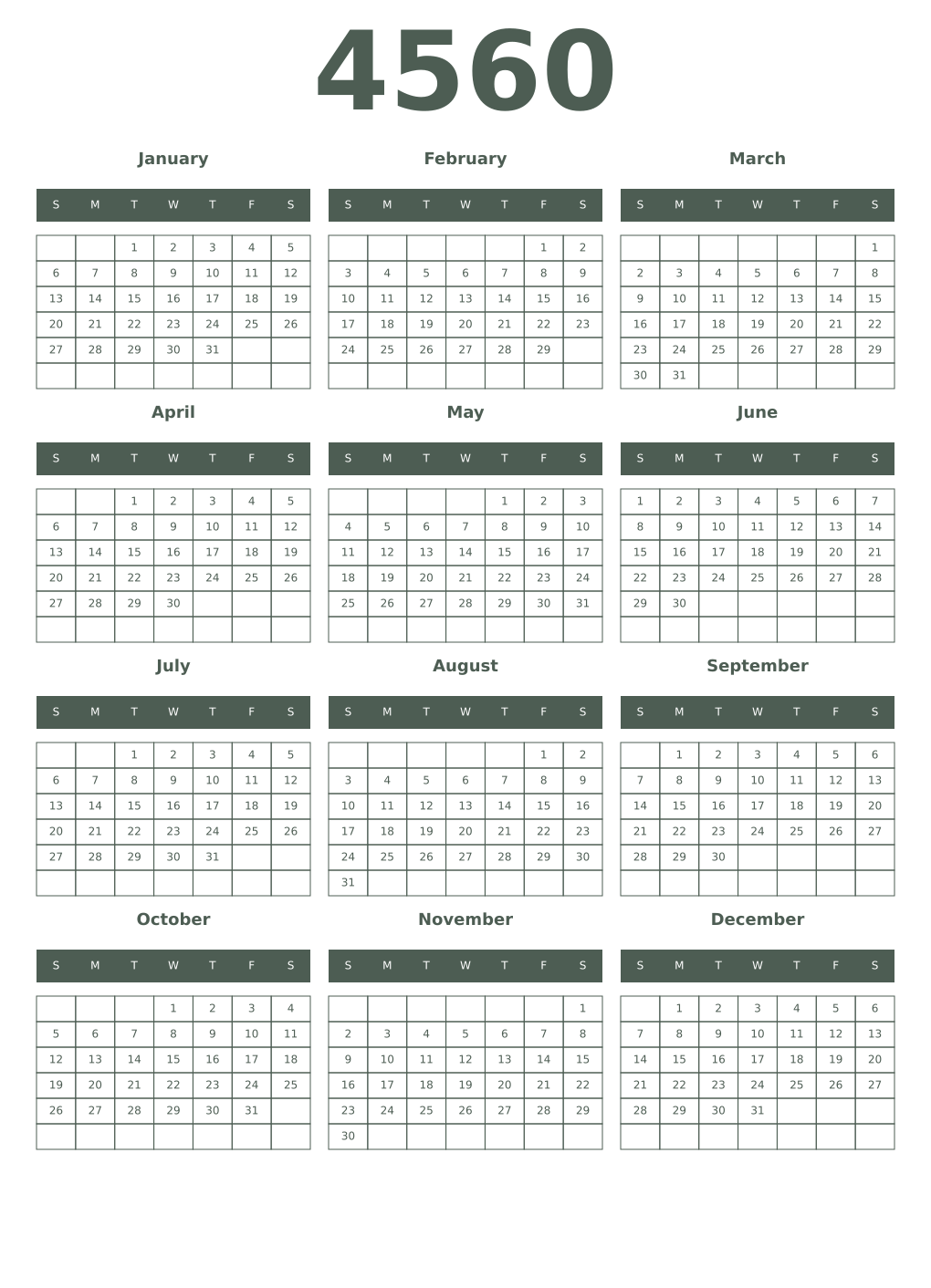 Printable 4560 Year Calendars feldgrau