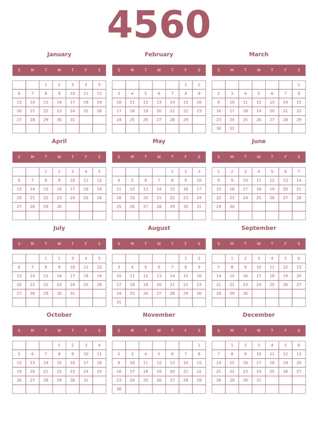 Printable 4560 Year Calendars puce
