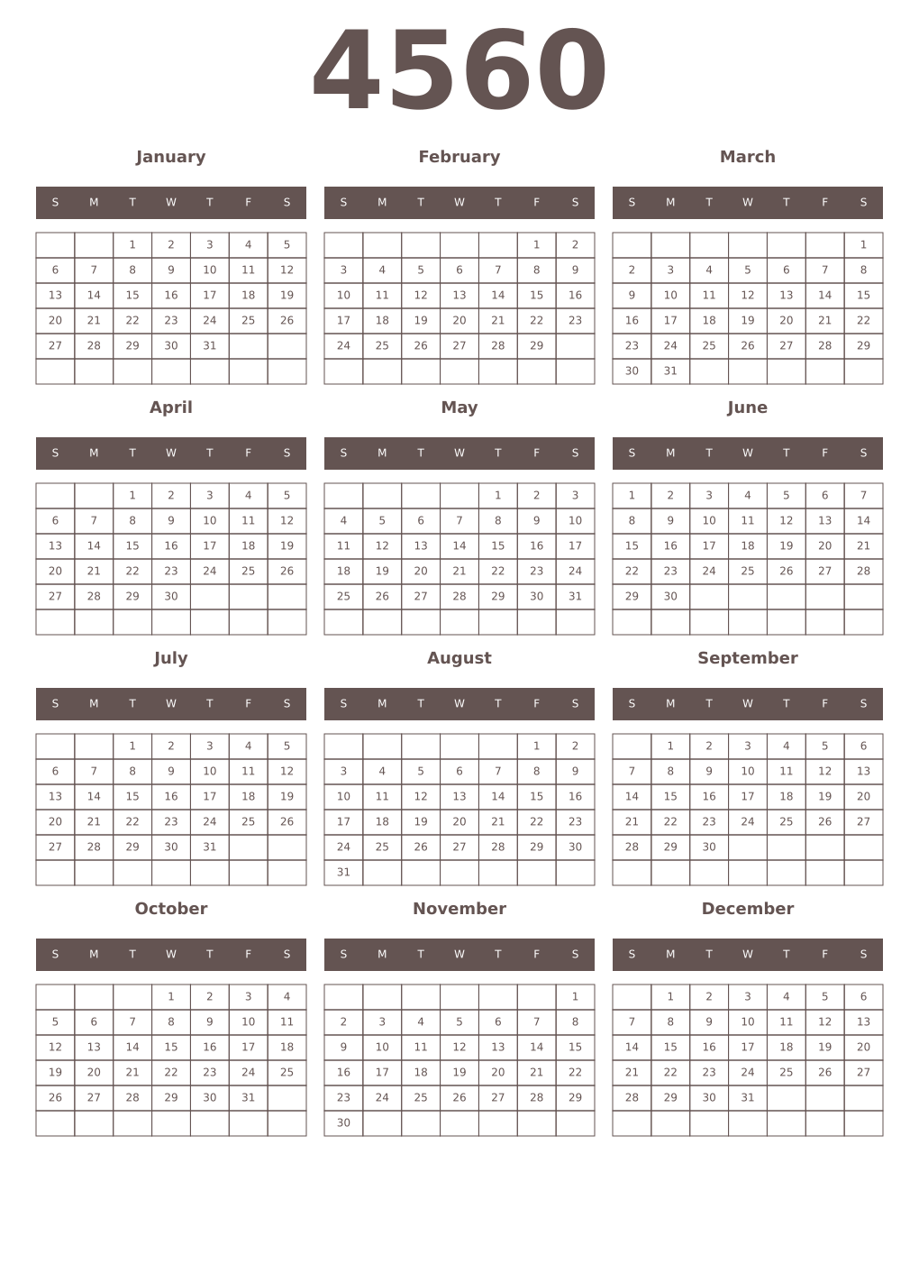 Printable 4560 Year Calendars wenge