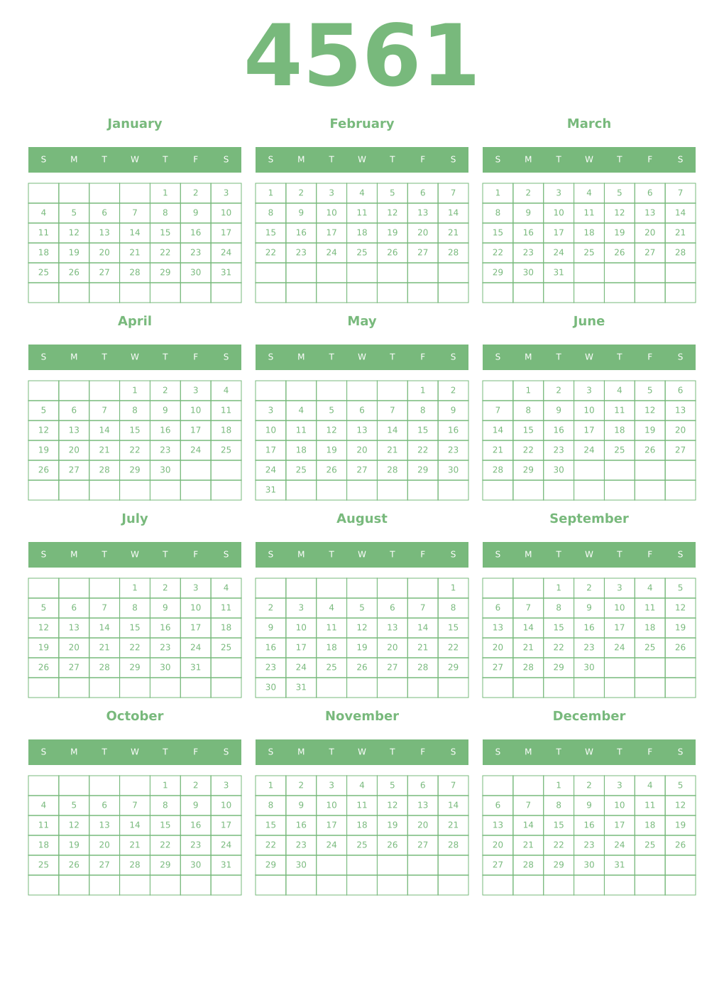 Printable 4561 Year Calendars celadon