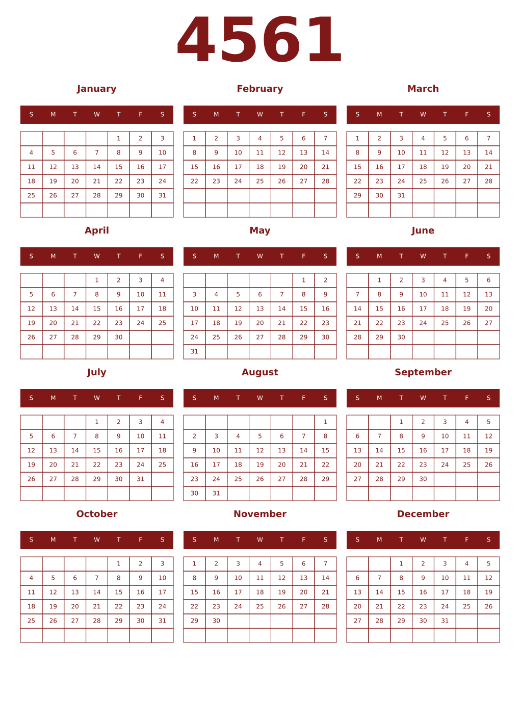 Printable 4561 Year Calendars falu