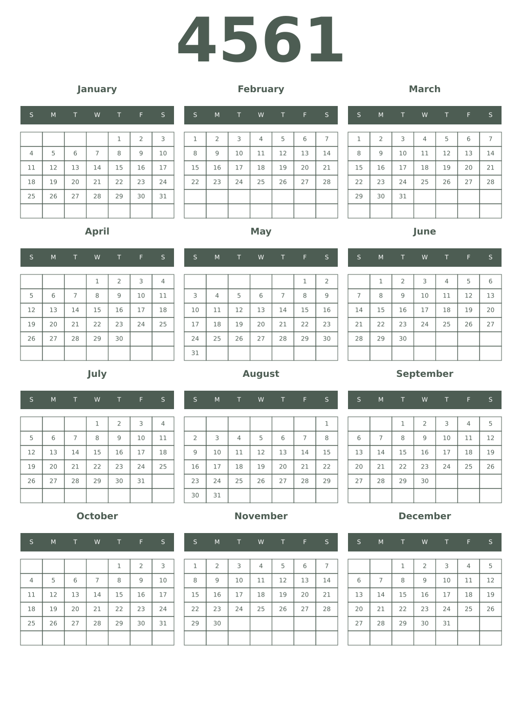 Printable 4561 Year Calendars feldgrau