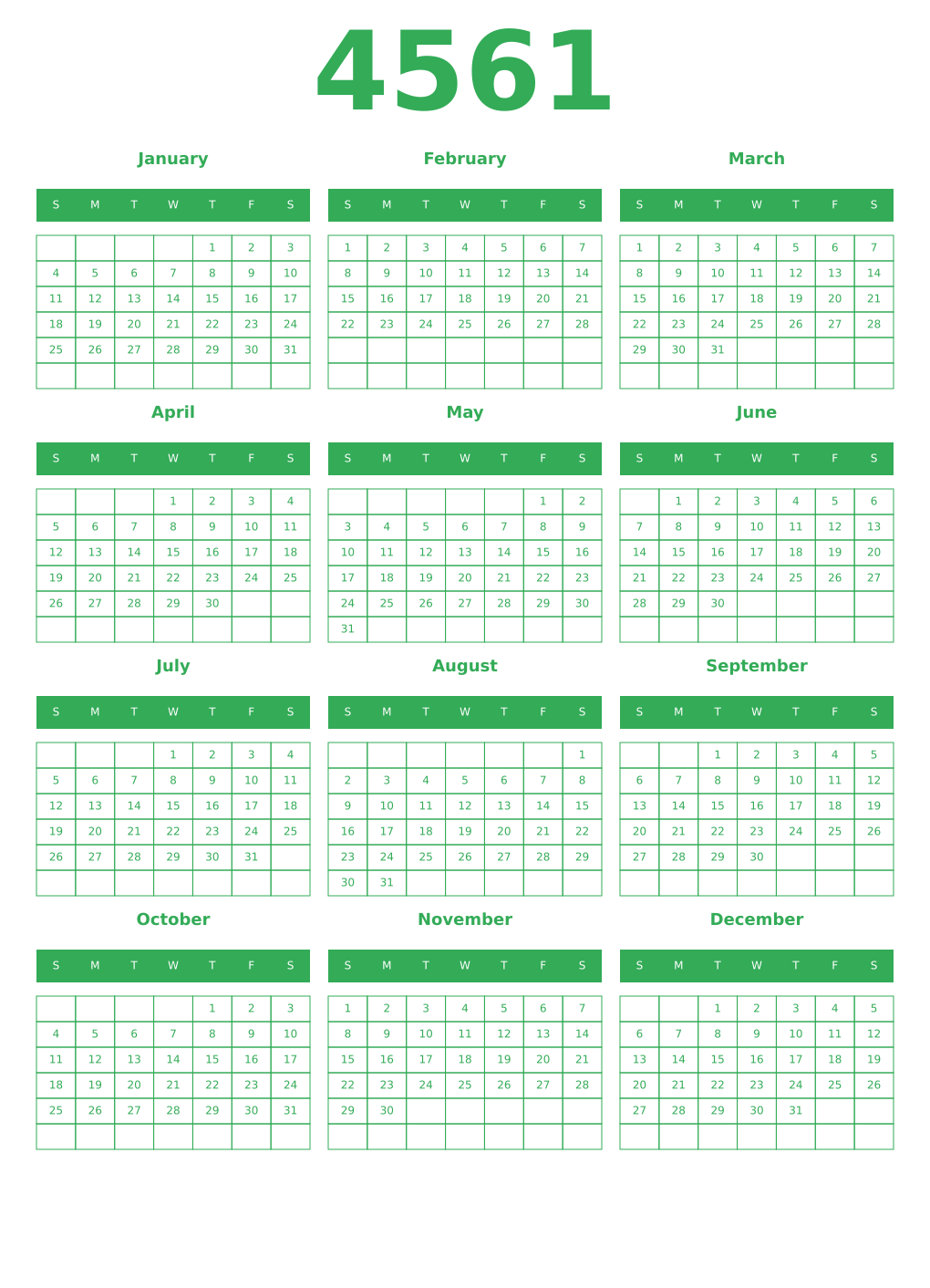 Printable 4561 Year Calendars green