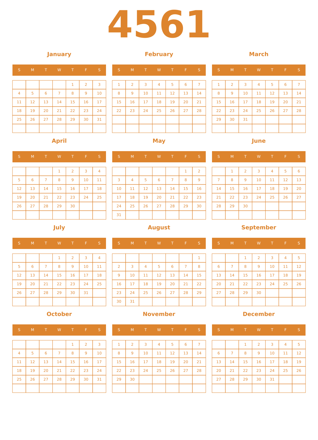 Printable 4561 Year Calendars orange
