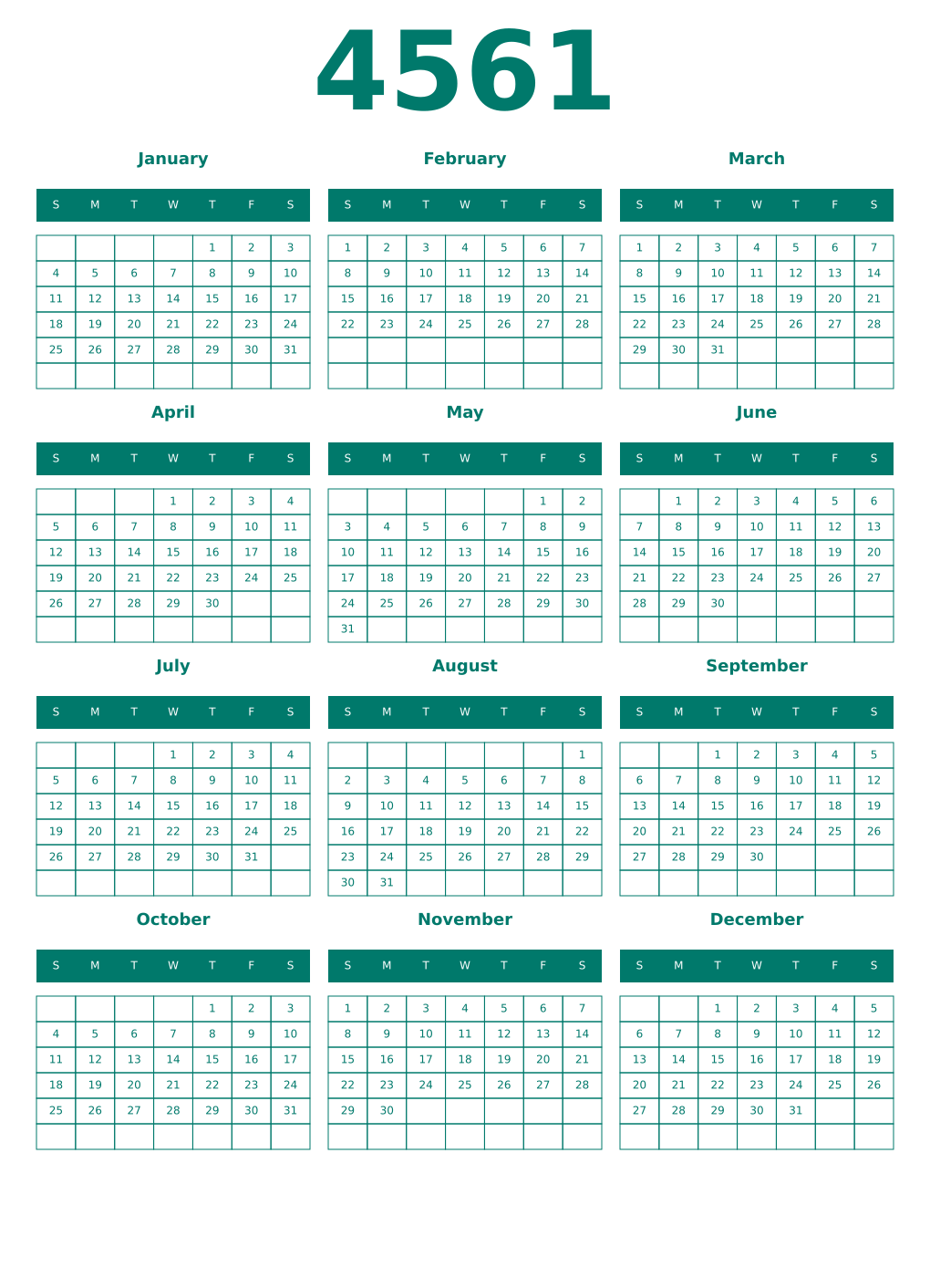 Printable 4561 Year Calendars pastel