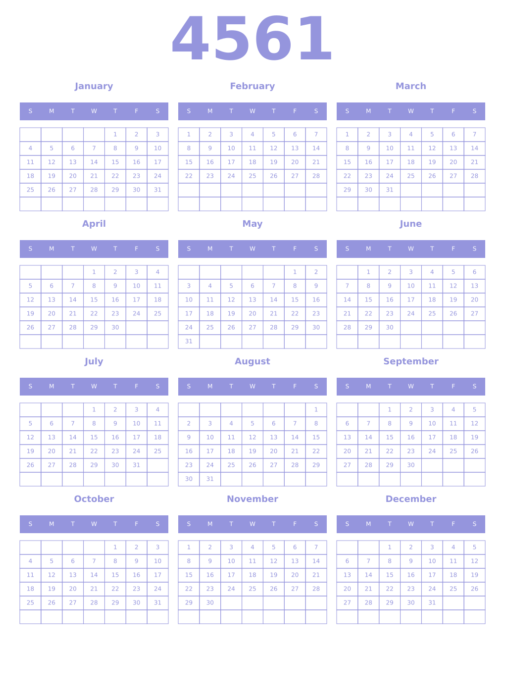Printable 4561 Year Calendars periwinkle