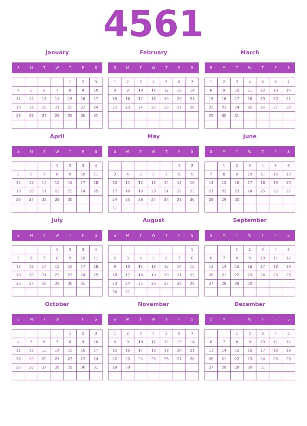 Printable 4561 Year Calendars purple