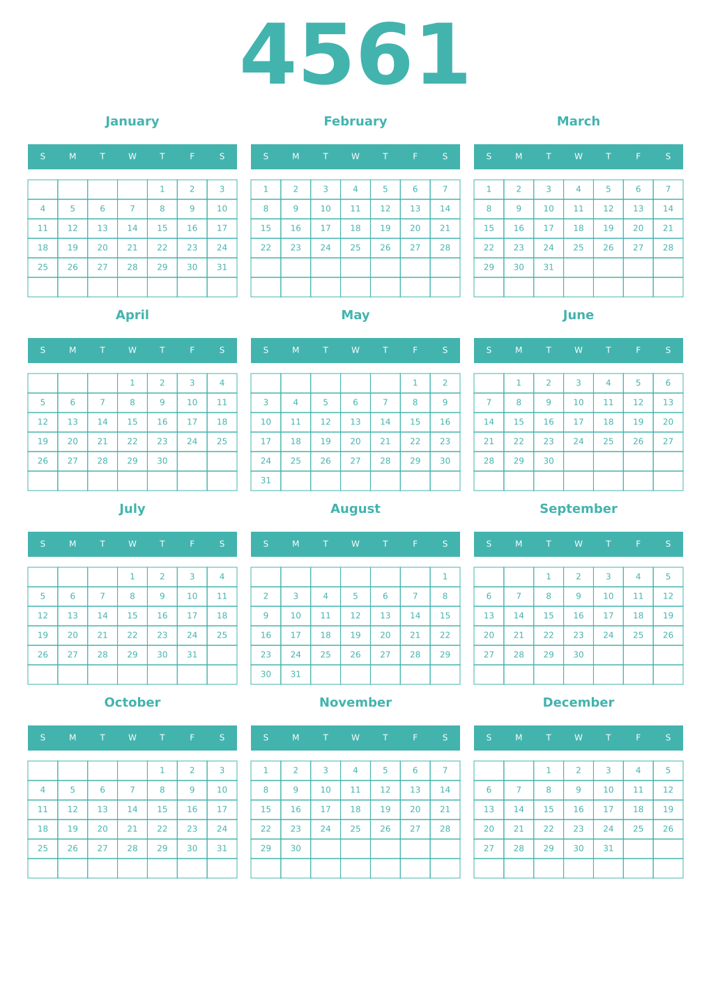Printable 4561 Year Calendars verdigris