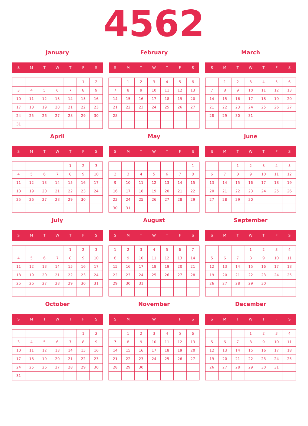 Printable 4562 Year Calendars amaranth