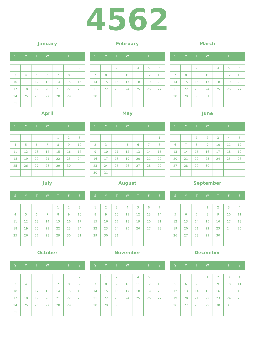 Printable 4562 Year Calendars celadon