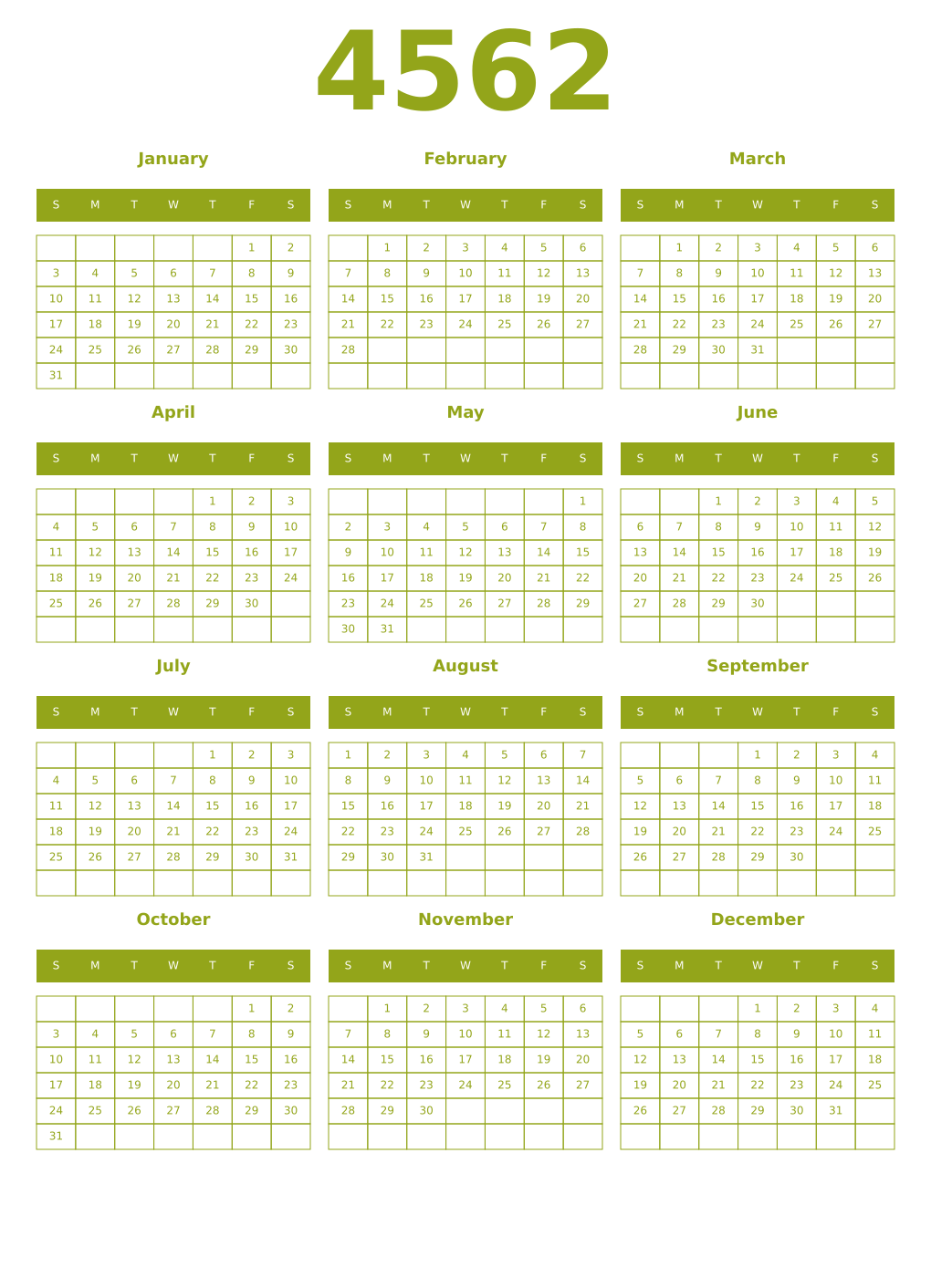 Printable 4562 Year Calendars chartreuse