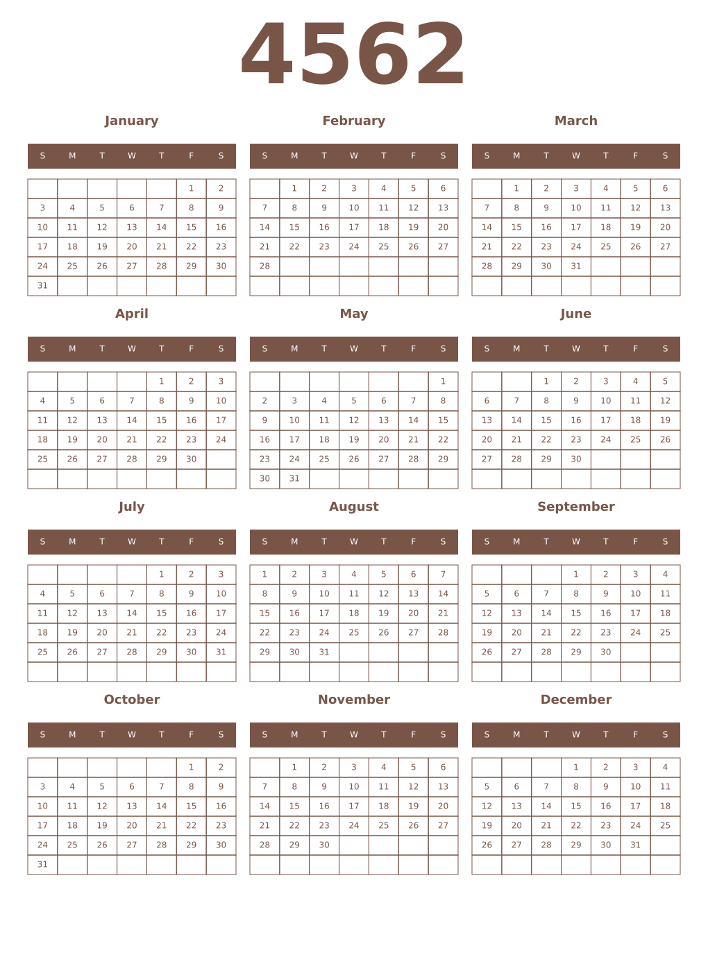 Printable 4562 Year Calendars coffe