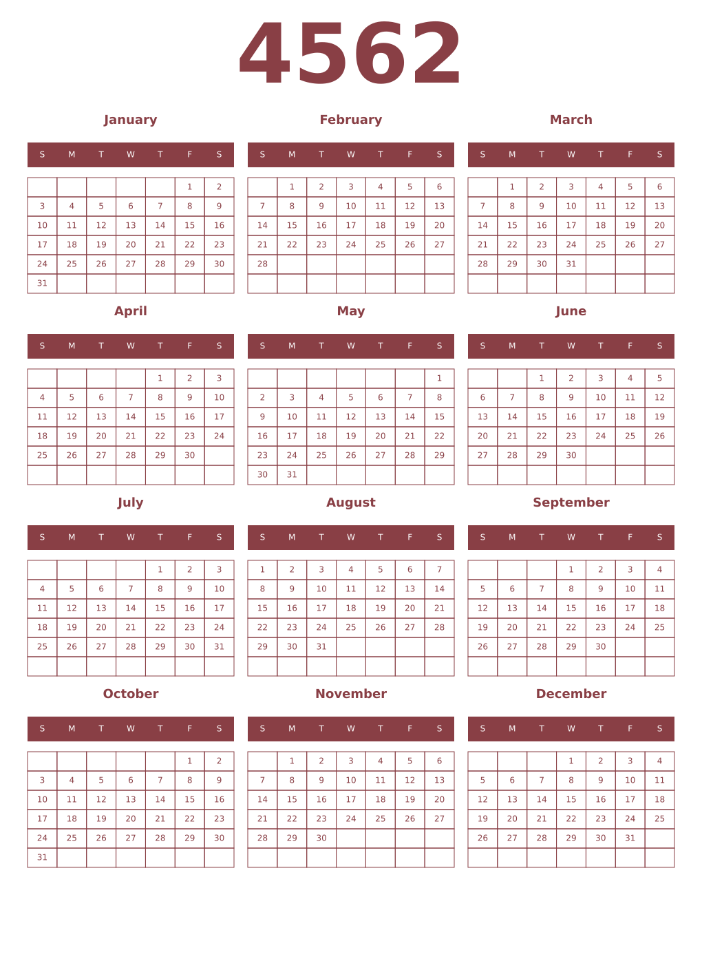 Printable 4562 Year Calendars cordovan