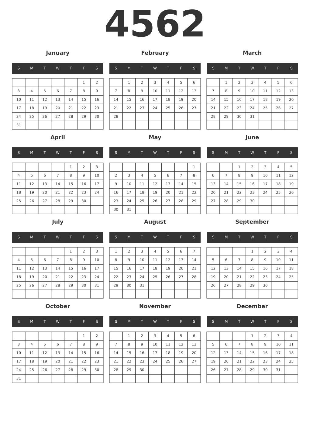 Printable 4562 Year Calendars dark
