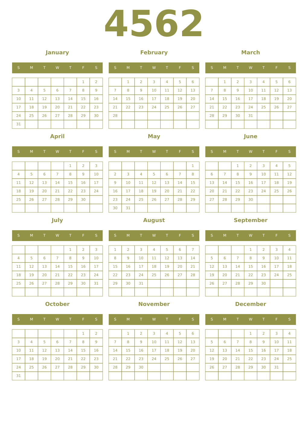 Printable 4562 Year Calendars eburnean