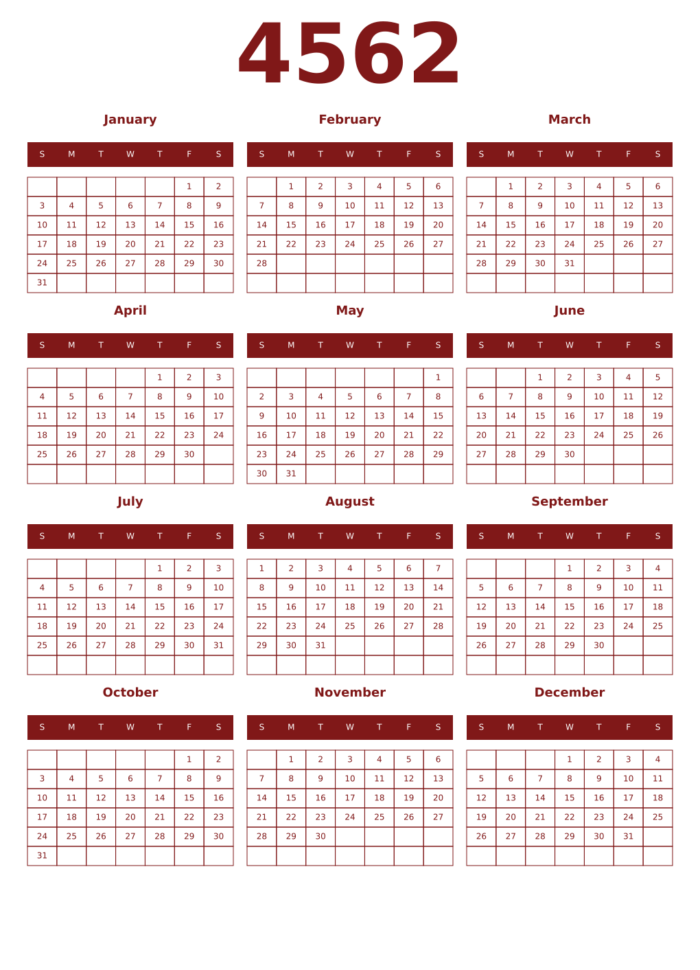 Printable 4562 Year Calendars falu