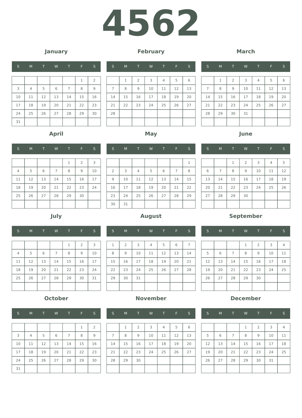 Printable 4562 Year Calendars feldgrau