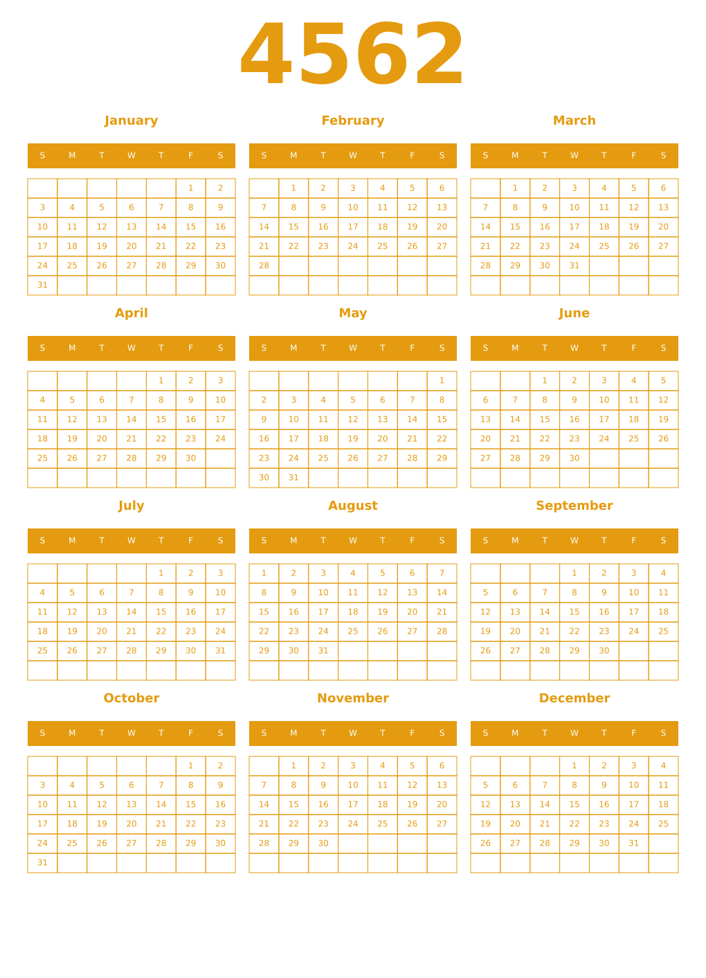 Printable 4562 Year Calendars gamboge