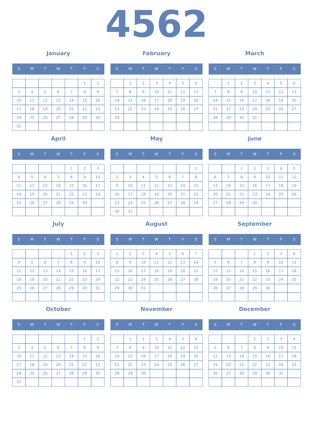 Printable 4562 Year Calendars glaucous