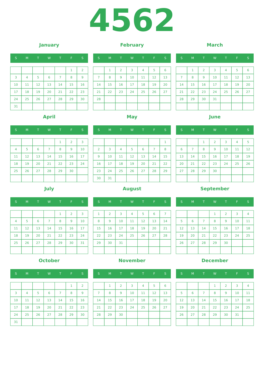 Printable 4562 Year Calendars green