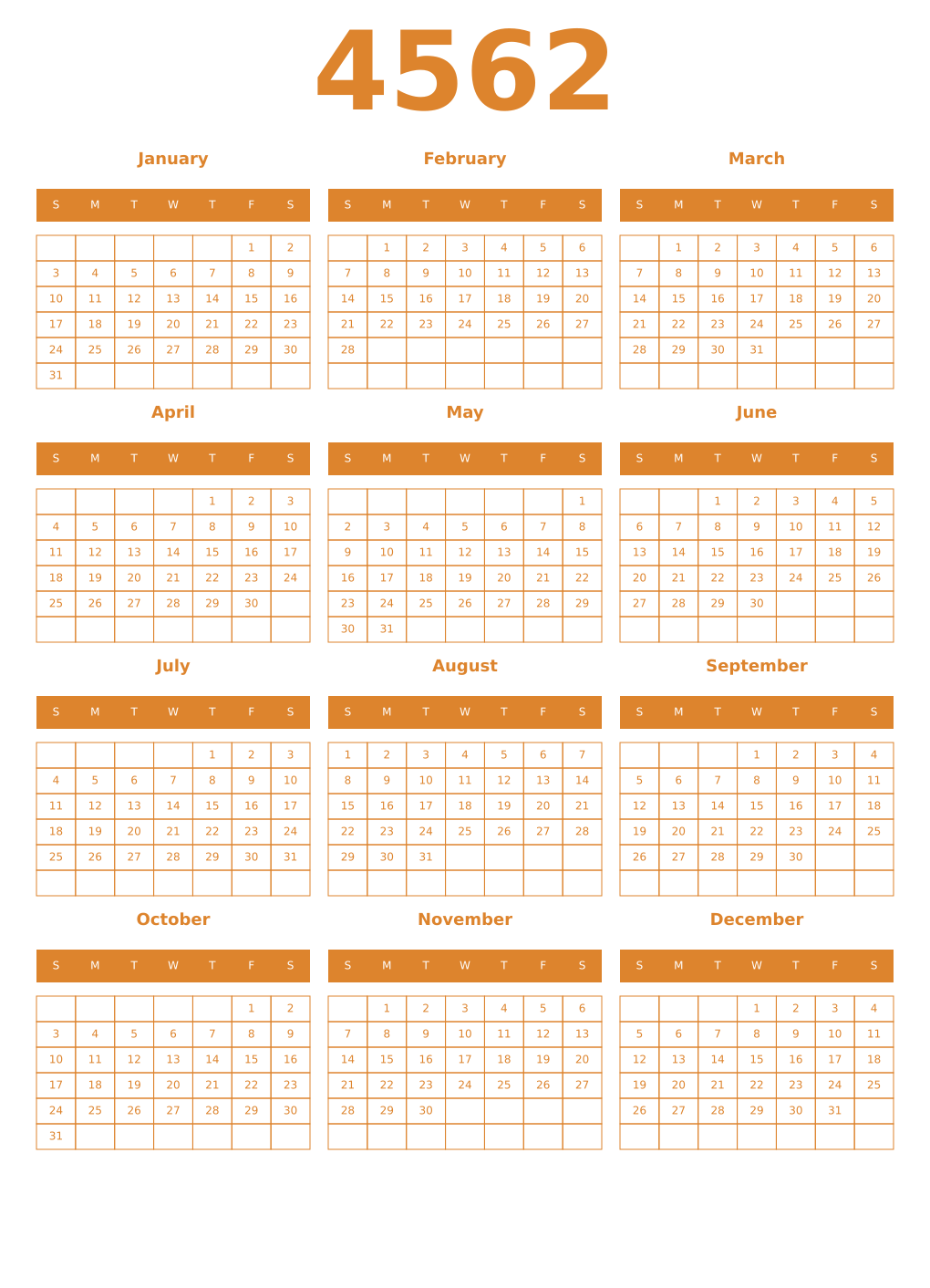 Printable 4562 Year Calendars orange