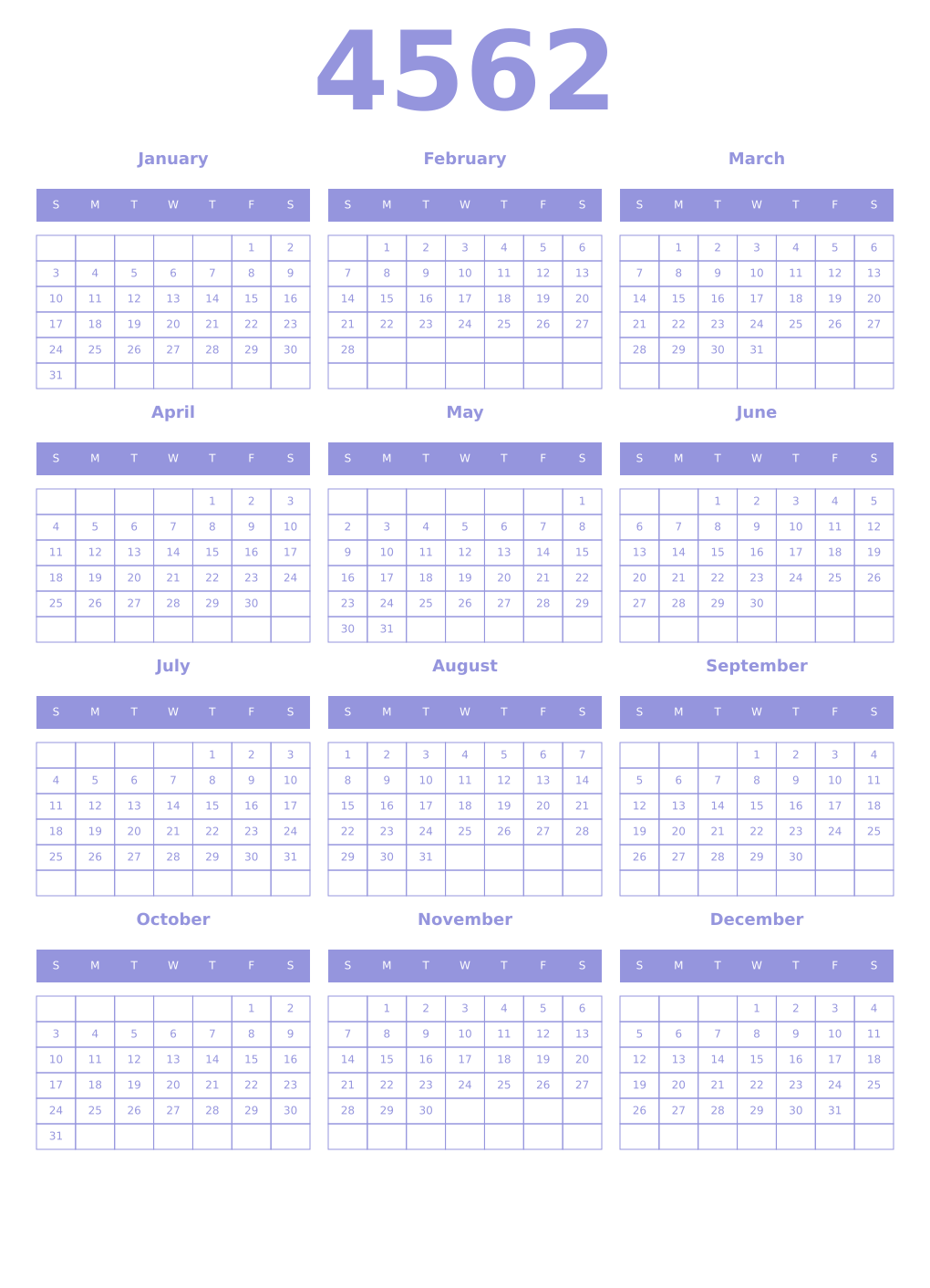 Printable 4562 Year Calendars periwinkle