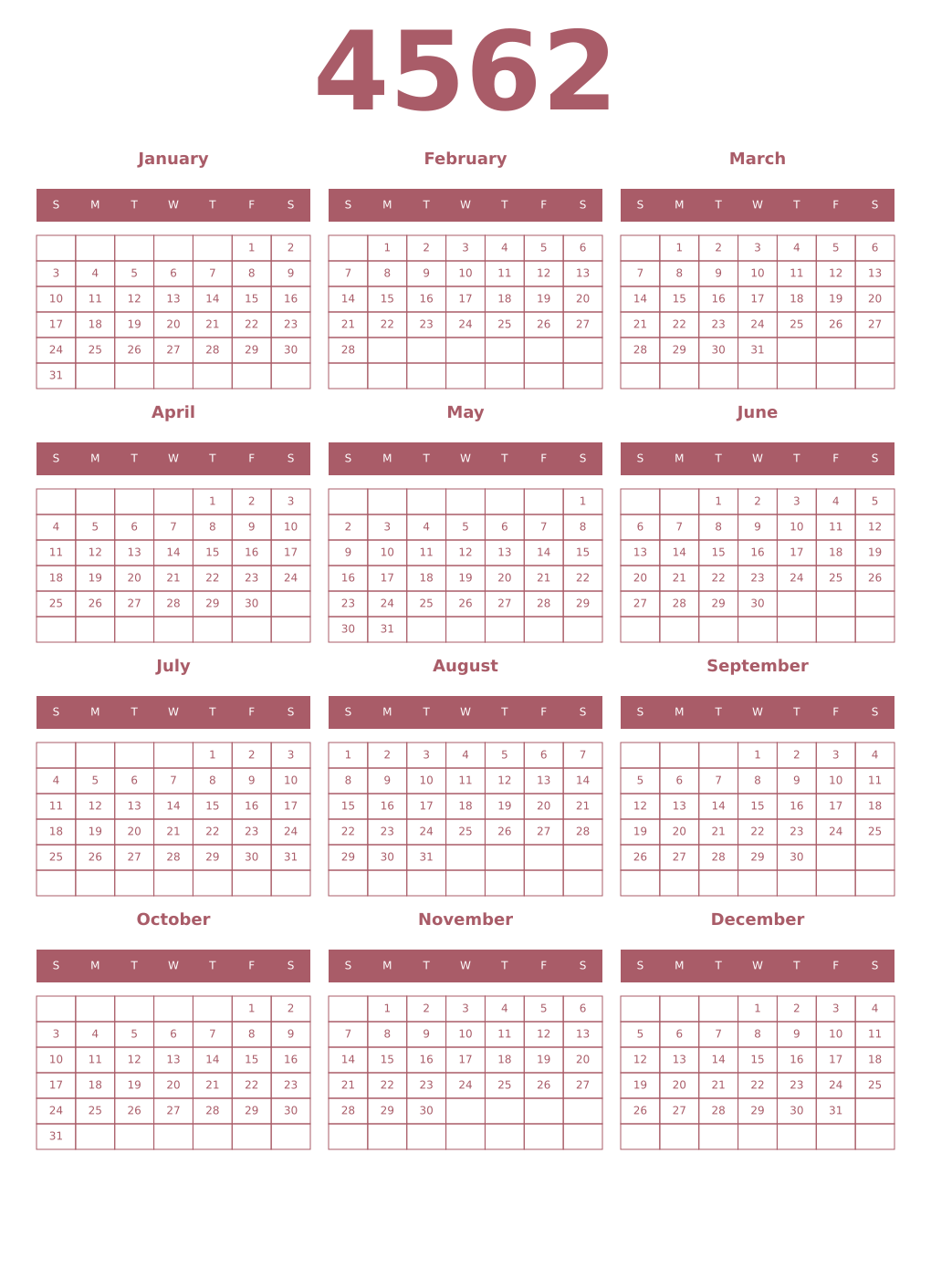 Printable 4562 Year Calendars puce