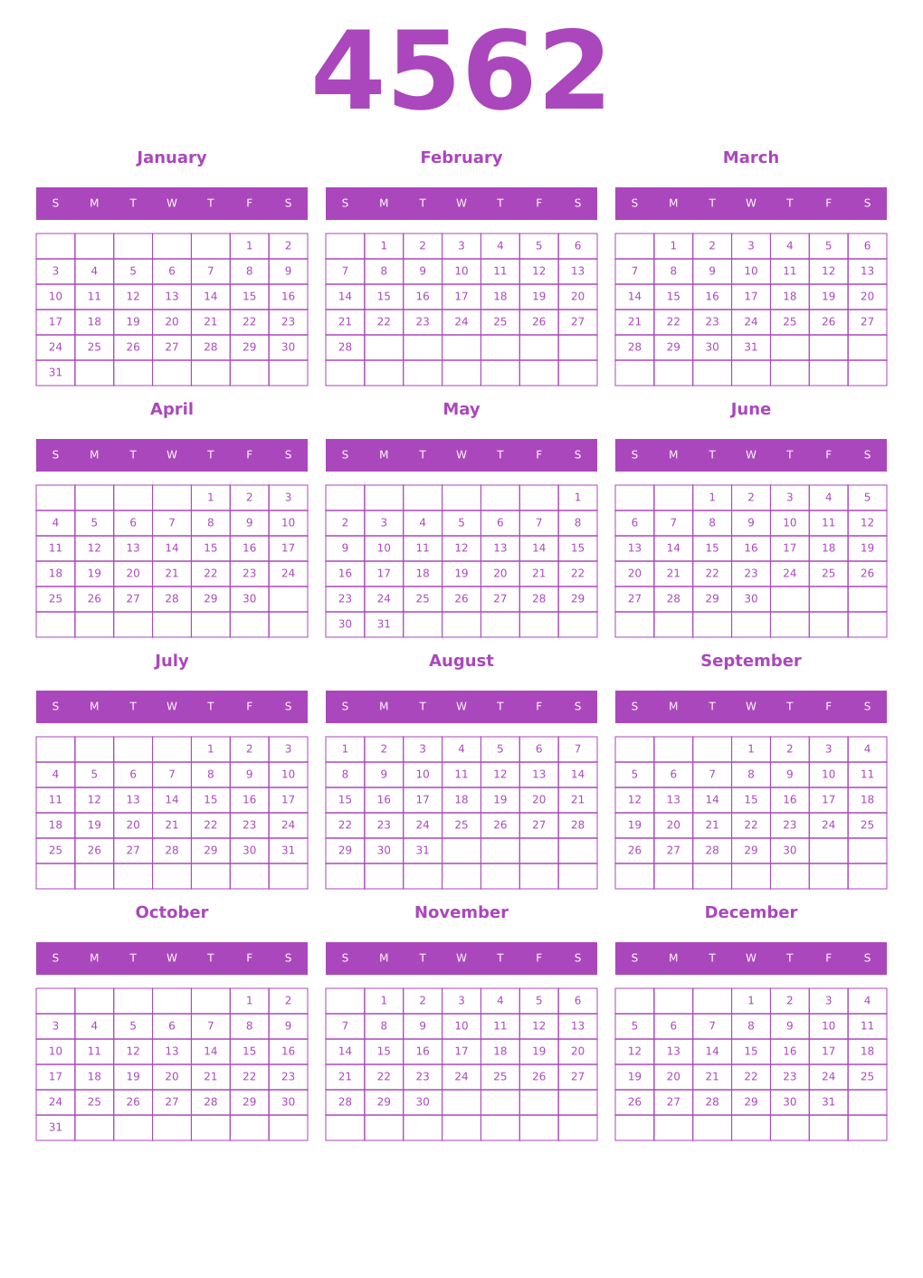 Printable 4562 Year Calendars purple