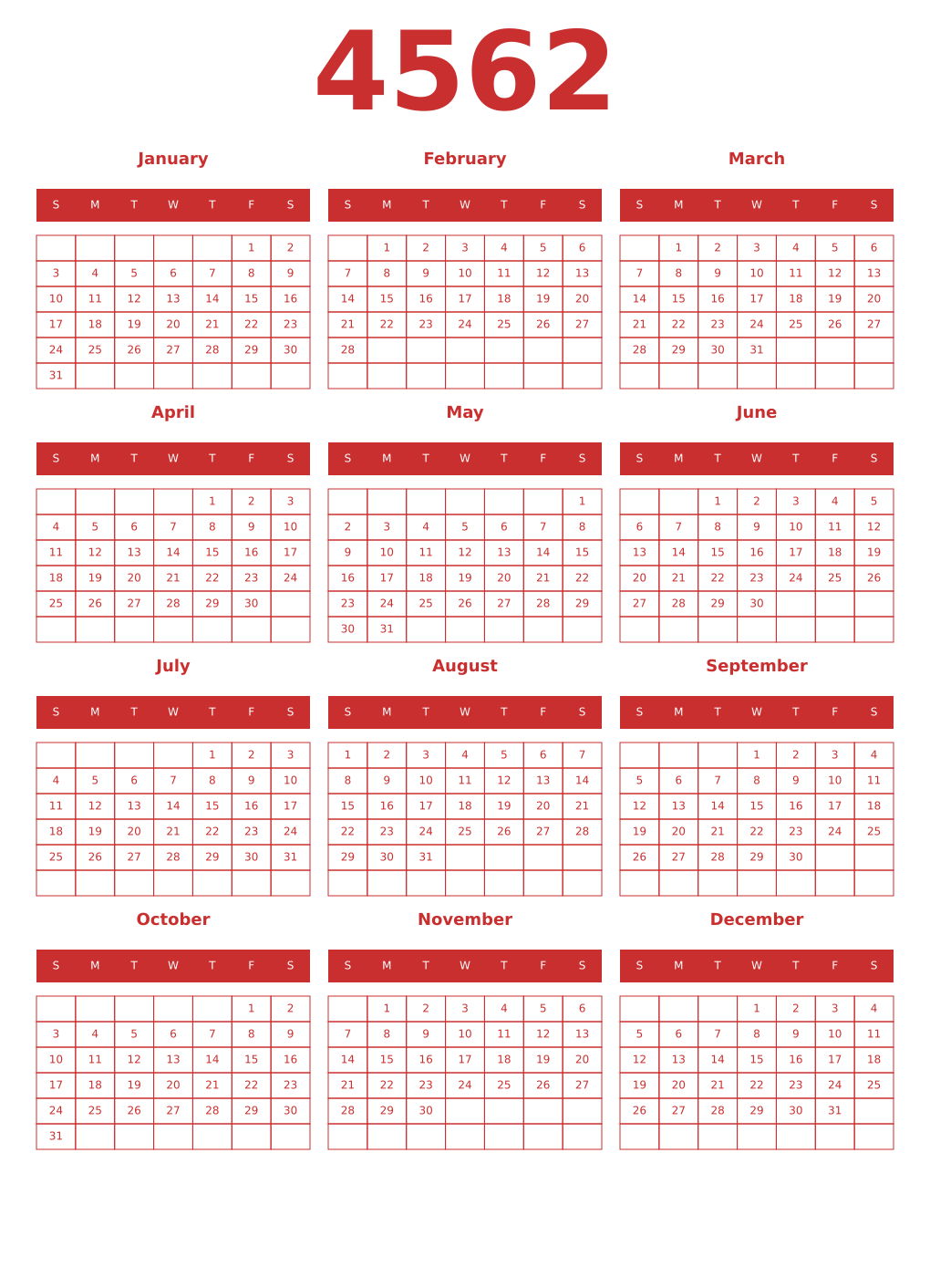 Printable 4562 Year Calendars red