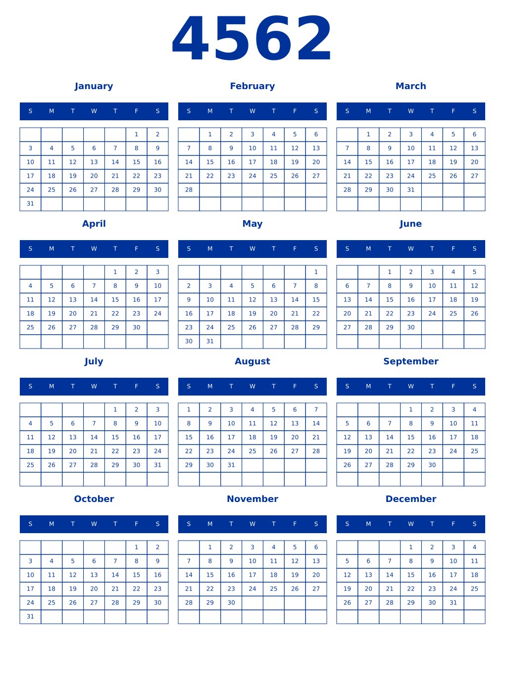 Printable 4562 Year Calendars smalt