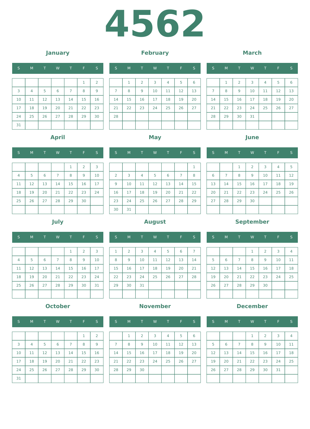 Printable 4562 Year Calendars viridian