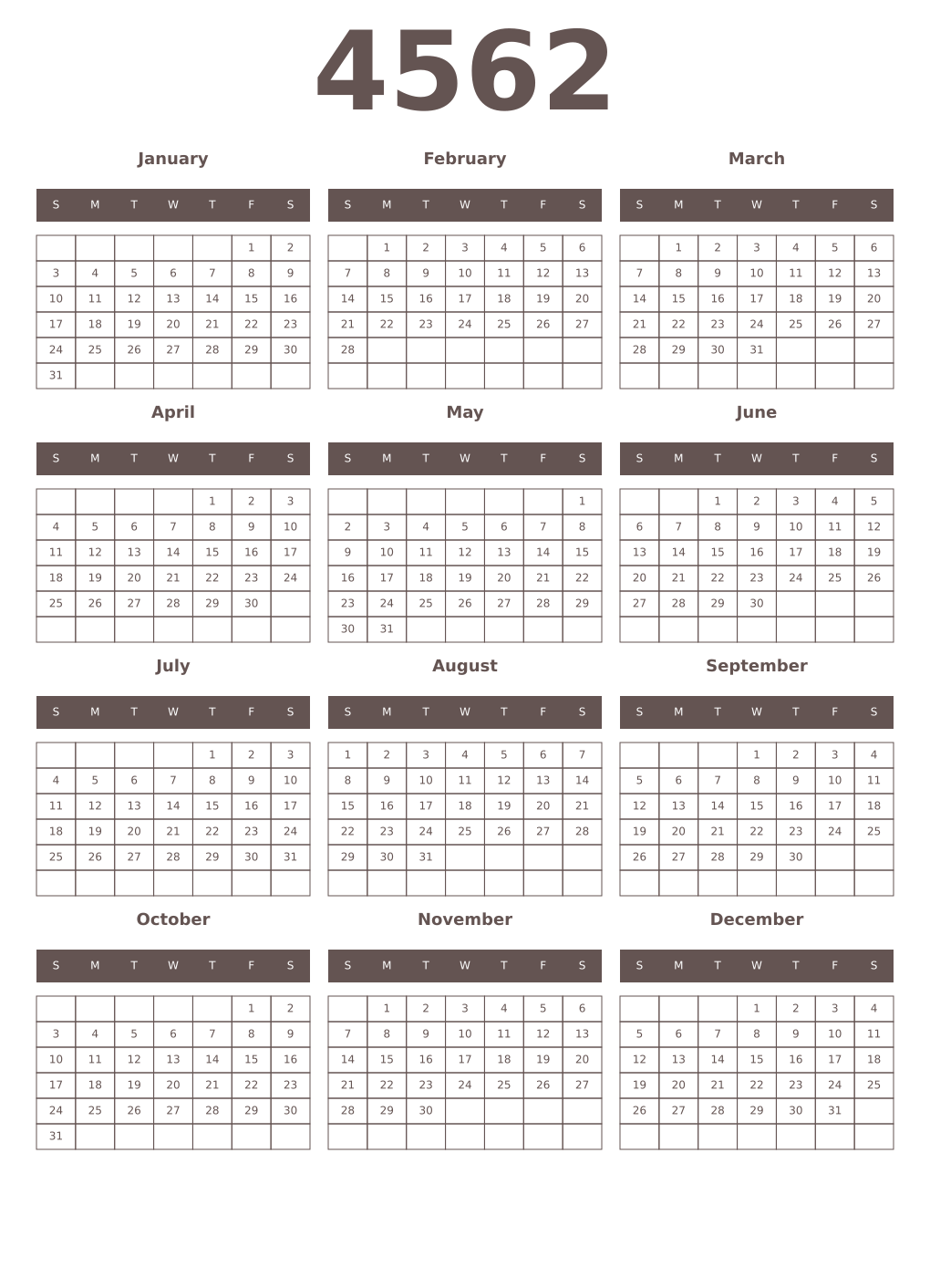 Printable 4562 Year Calendars wenge