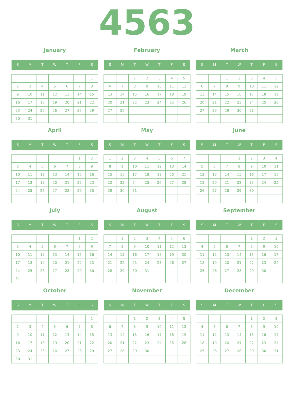 Printable 4563 Year Calendars celadon