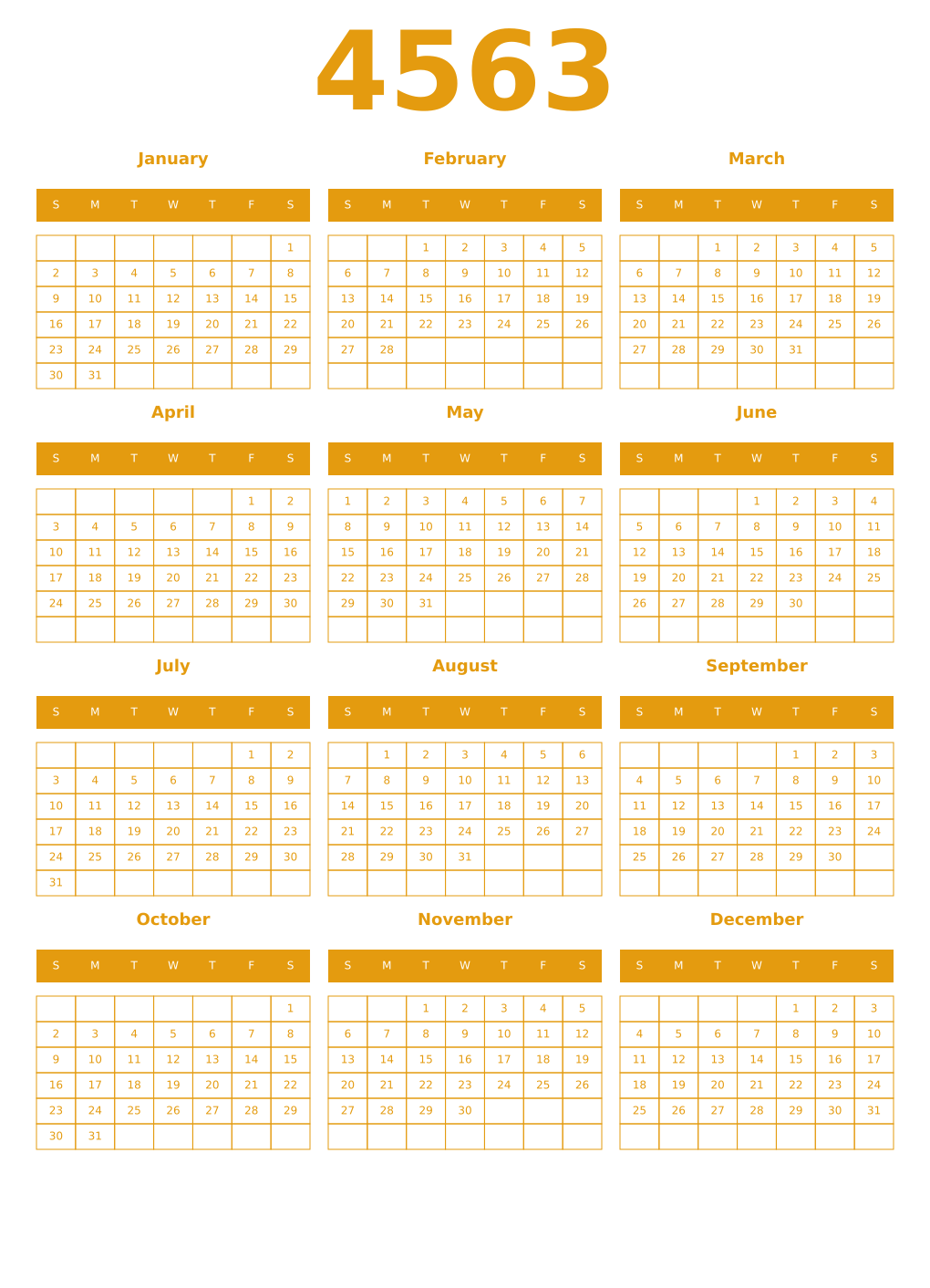 Printable 4563 Year Calendars gamboge