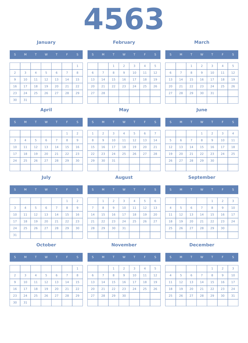 Printable 4563 Year Calendars glaucous