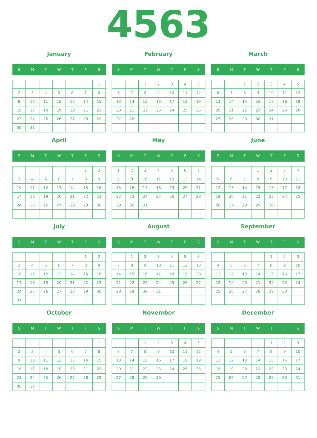 Printable 4563 Year Calendars green