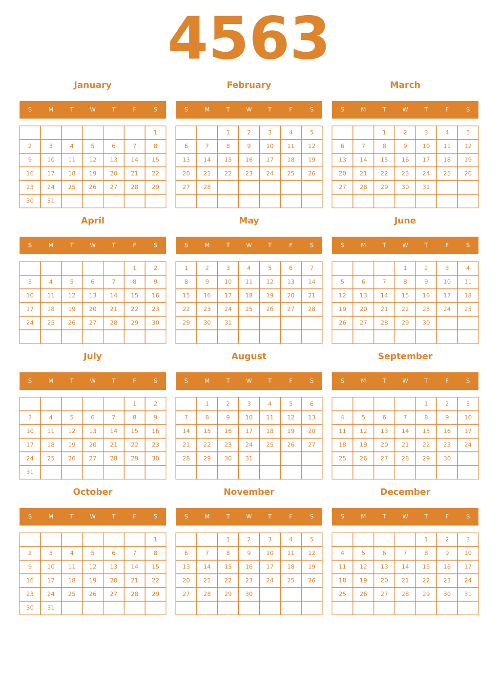 Printable 4563 Year Calendars orange