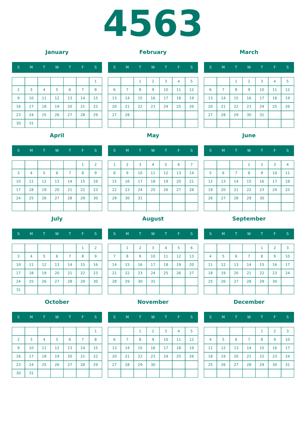 Printable 4563 Year Calendars pastel