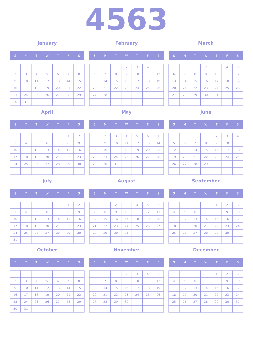 Printable 4563 Year Calendars periwinkle