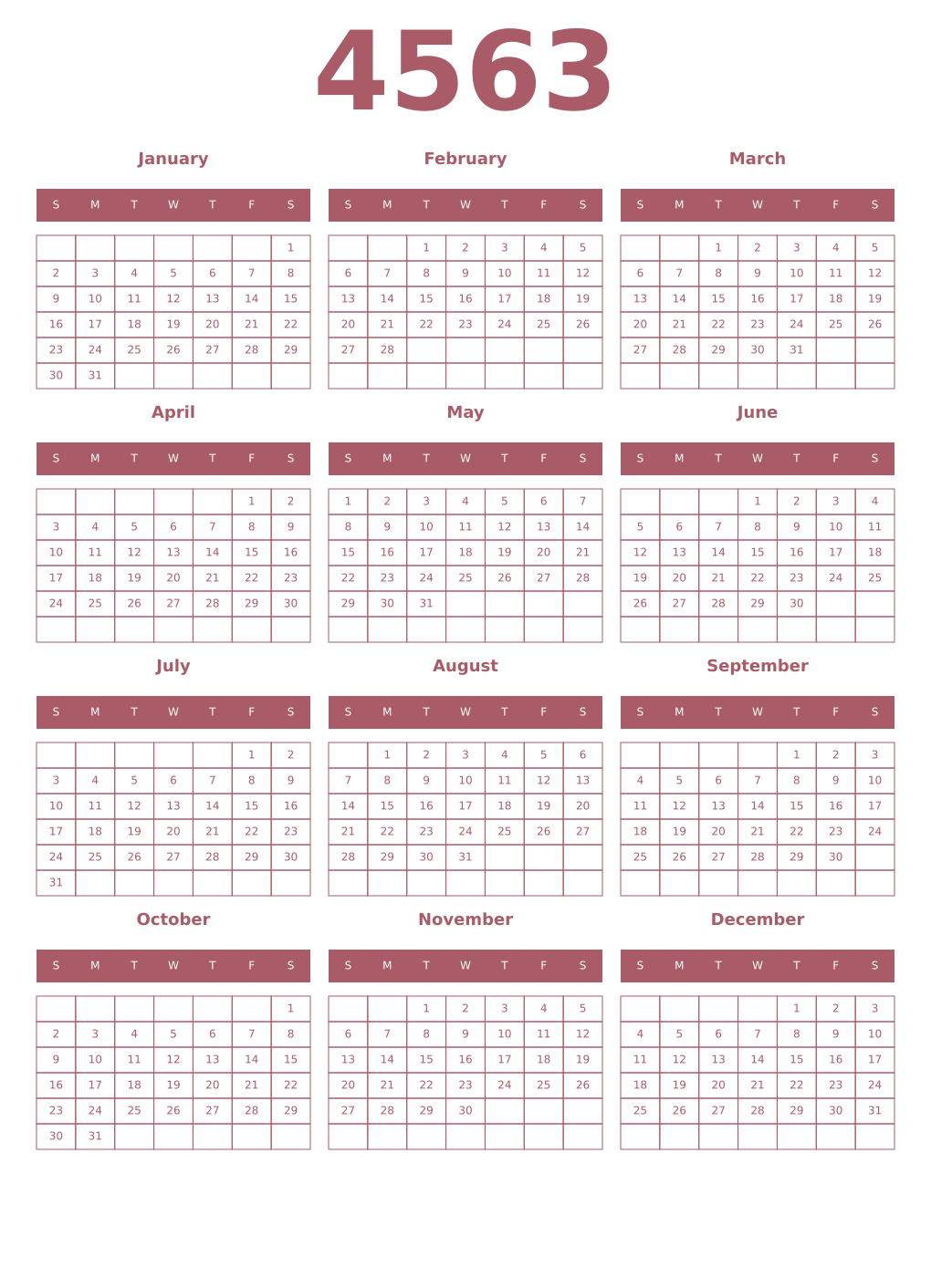 Printable 4563 Year Calendars puce